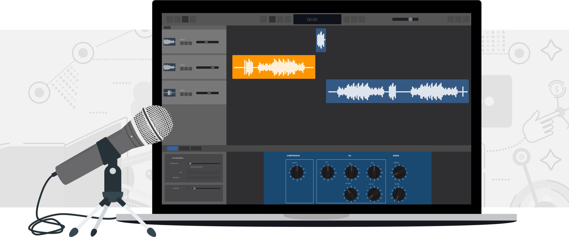 Podcast microphone next to laptop